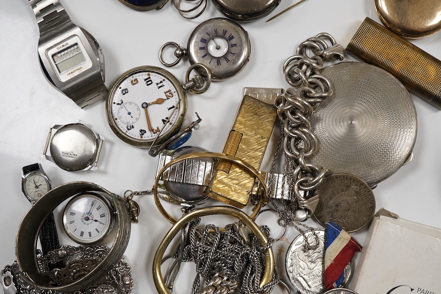 A quantity of assorted collectables, including a boxed Cartier handbag mirror, WWI medals, a plated belt, a Scottish silver and hardstone brooch, a silver hinged bangle, assorted costume jewellery, 925 bracelets, silver
